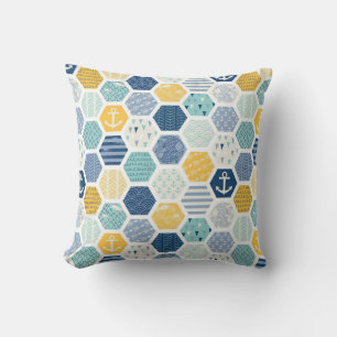 Aqua Yellow Nautical Coastal Tiles Pattern Cushion