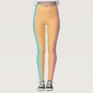 Aqua Yellow Pink and White Maze African Mud Cloth Leggings