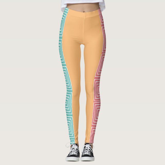 Aqua Yellow Pink and White Maze African Mud Cloth Leggings (Front)