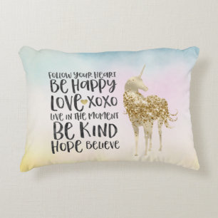 Aqua Yellow Pink Watercolor Inspirational Unicorn Decorative Cushion