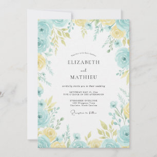 Aqua Yellow Ranunculus Eucalyptus Wedding Invitation