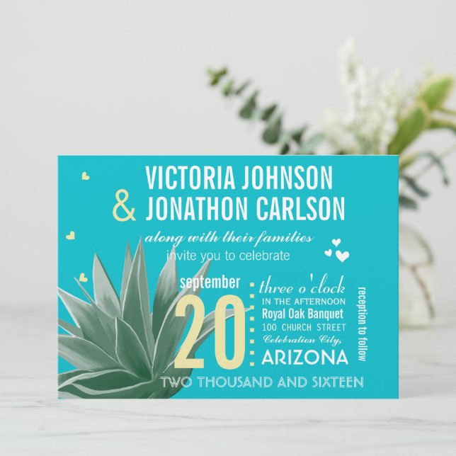 Aqua Yellow Succulent ModernTypography Wedding Invitation (Standing Front)