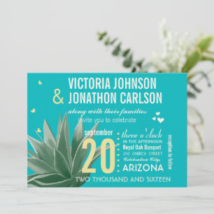 Aqua Yellow Succulent ModernTypography Wedding Invitation