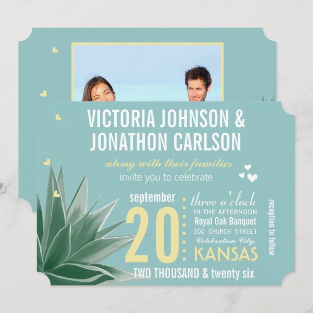 Aqua Yellow Succulent Typography Wedding Invitation (Front/Back)