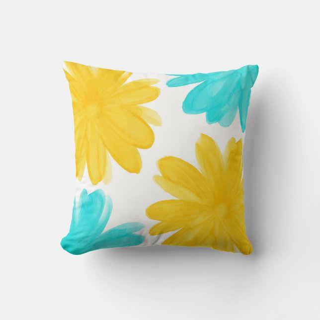 Aqua Yellow Watercolor Flowers Throw Pillow (Front)