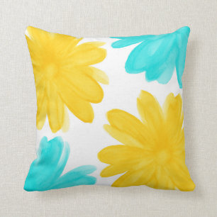 Aqua Yellow Watercolor Flowers Throw Pillow