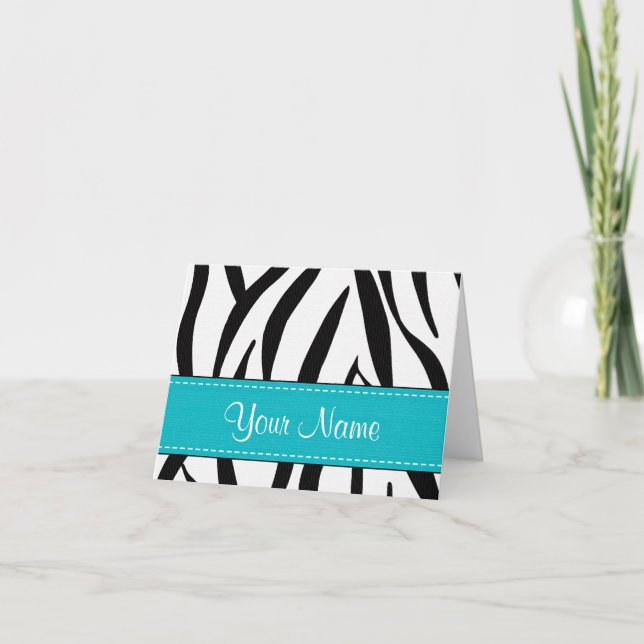 Aqua Zebra Print Note Cards Personalised (Front)