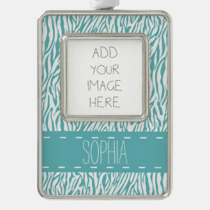 Aqua Zebra Print Silver Plated Framed Ornament