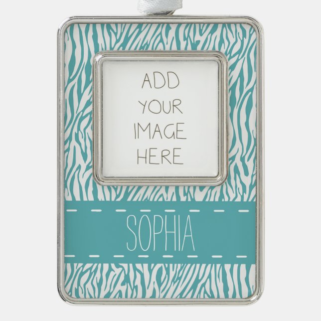 Aqua Zebra Print Silver Plated Framed Ornament (Front)