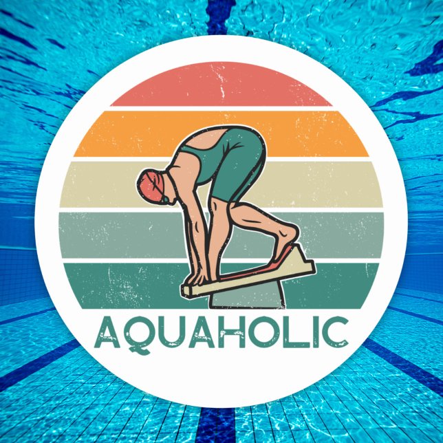 Aquaholic swimming race girl with sunset  classic round sticker (Creator Uploaded)