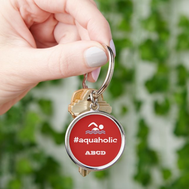 Aquaholic swimming slogan personalised red key ring (Hand)