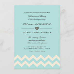 Aqual Blue and Ivory Chevron Wedding Invitations