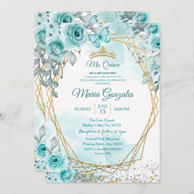 Aqual Teal Turquoise2 Mis Quince Invitation (Front/Back)