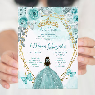 Aqual Teal Turquoise3 Butterfly & Rose Mis Quince Invitation