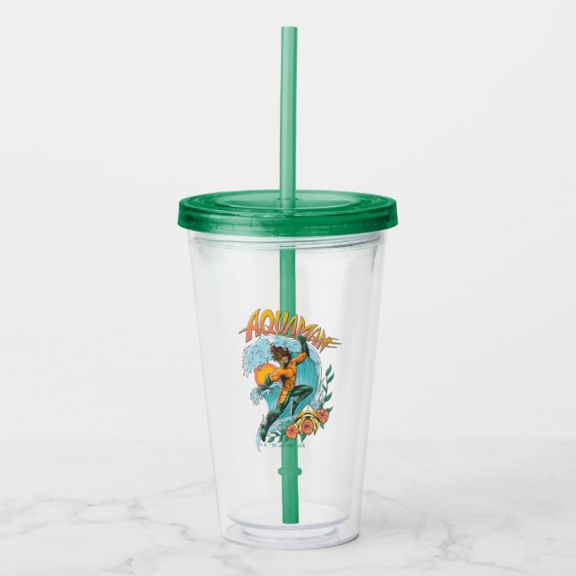 Aquaman and Trident Rising Surf Graphic Acrylic Tumbler (Front)