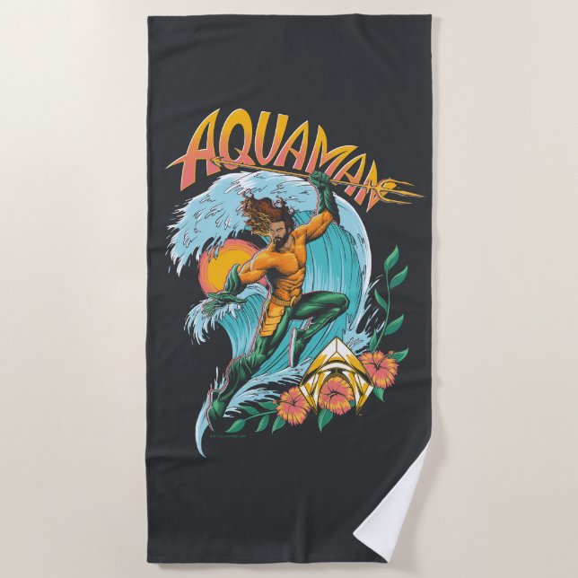 Aquaman and Trident Rising Surf Graphic Beach Towel (Front)