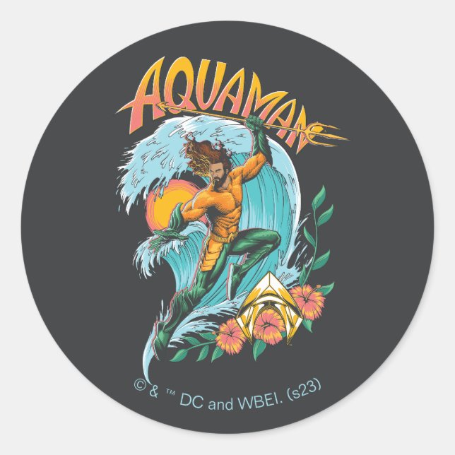 Aquaman and Trident Rising Surf Graphic Classic Round Sticker (Front)