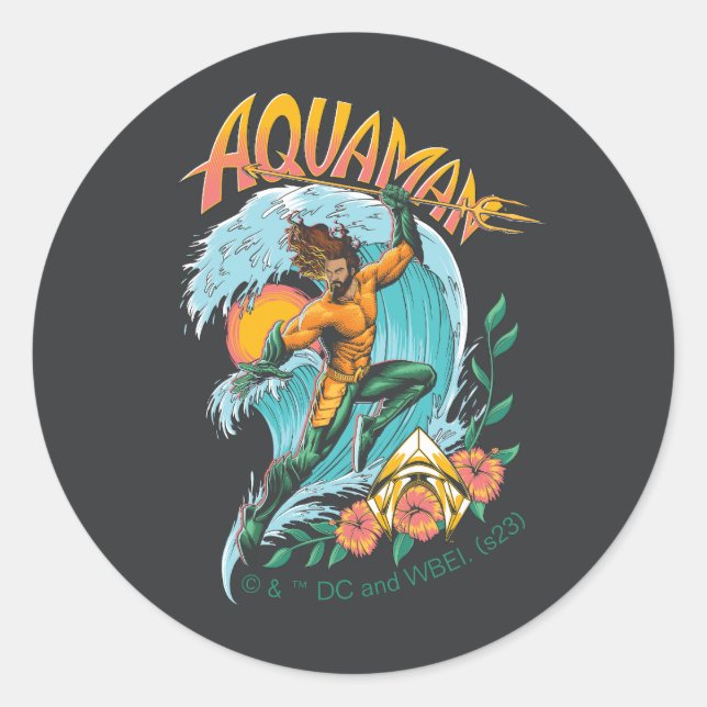 Aquaman and Trident Rising Surf Graphic Classic Round Sticker (Front)