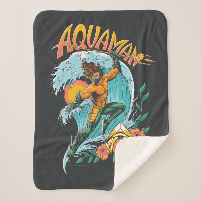 Aquaman and Trident Rising Surf Graphic Sherpa Blanket (Front)