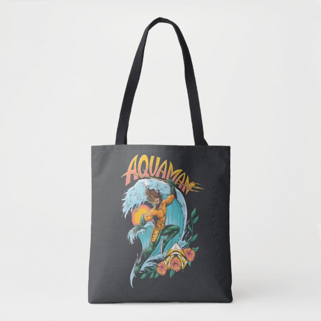 Aquaman and Trident Rising Surf Graphic Tote Bag (Front)