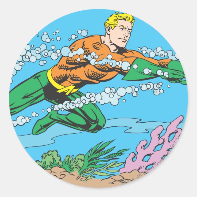 Aquaman Dashes Thru Water Classic Round Sticker (Front)