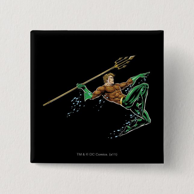 Aquaman Lunging with Spear 15 Cm Square Badge (Front)