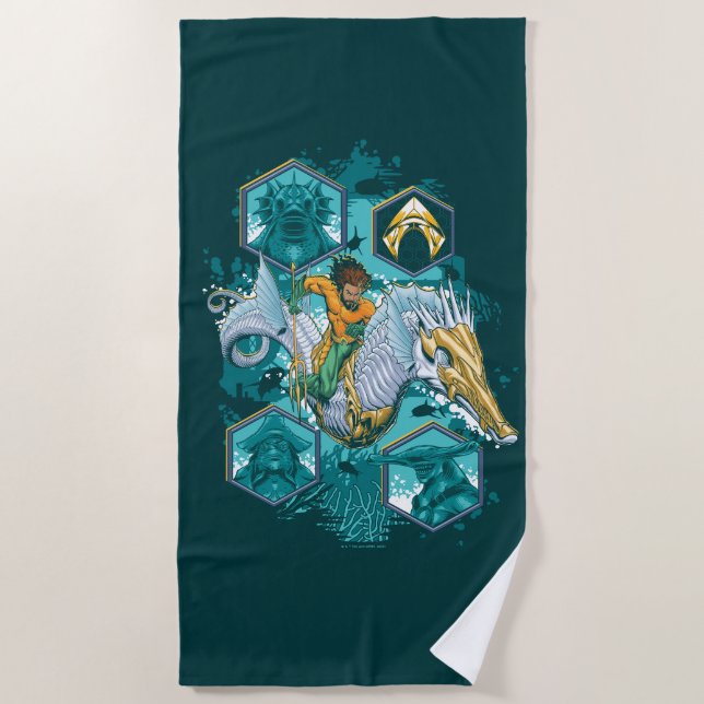 Aquaman Riding Seahorse Across Kingdoms Beach Towel (Front)