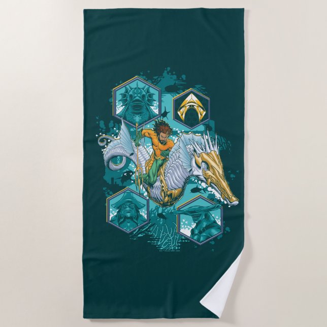 Aquaman Riding Seahorse Across Kingdoms Beach Towel (Front)