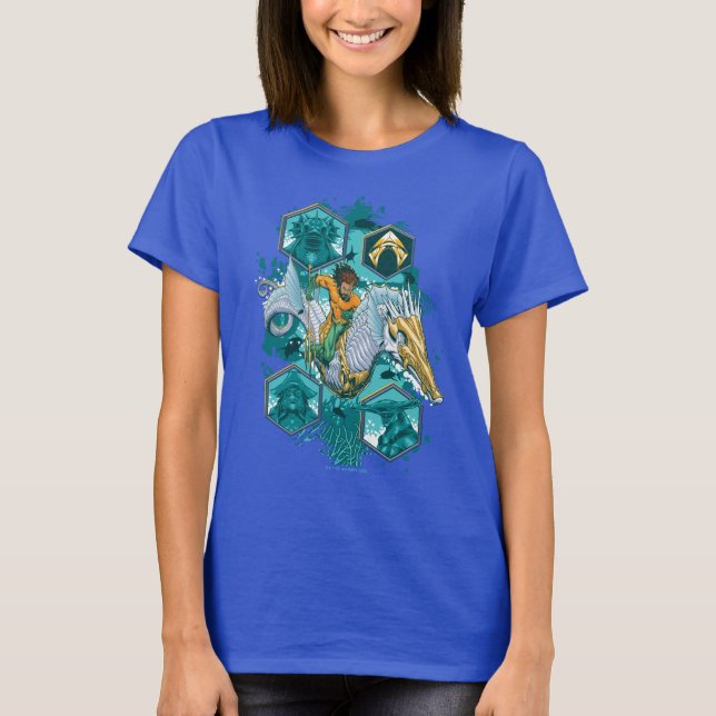 Aquaman Riding Seahorse Across Kingdoms T-Shirt (Front)