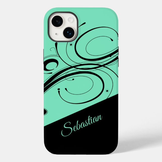 Aquamarine and Black Scroll Accent Personal Case-Mate iPhone Case (Back)