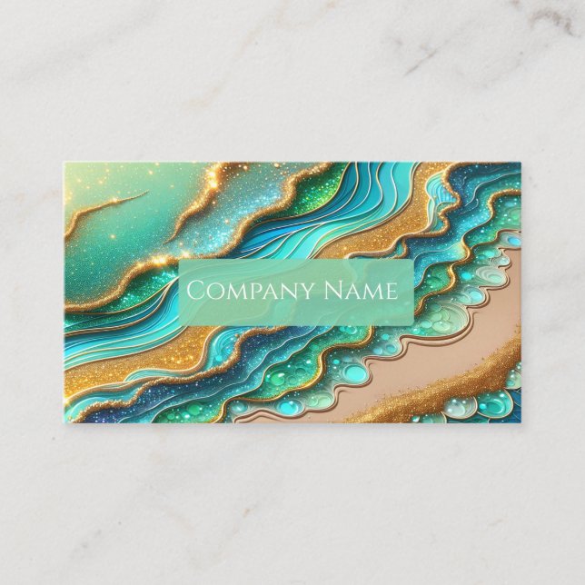 Aquamarine and Golden Glitter Tropical Beach Business Card (Front)