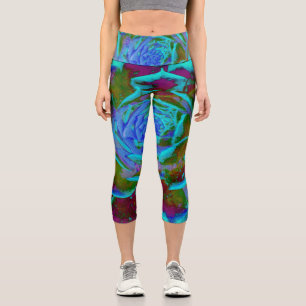 Aquamarine and Green Succulent Sedum Rosette Capri Leggings