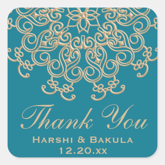 AQUAMARINE AQUA GOLD INDIAN INSPIRED THANK YOU SQUARE STICKER (Front)
