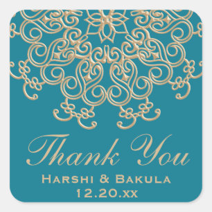 AQUAMARINE AQUA GOLD INDIAN INSPIRED THANK YOU SQUARE STICKER