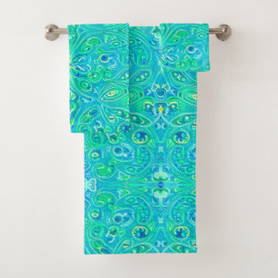 Aquamarine Arabesque Bohemian Pattern  Bath Towel Set