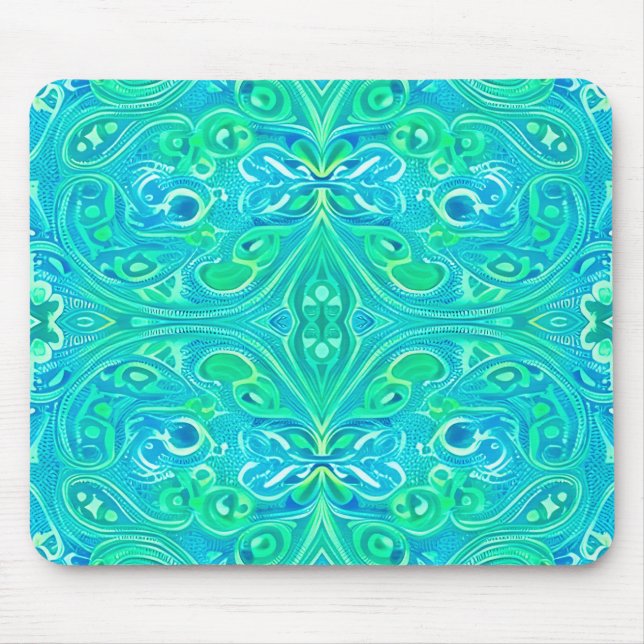 Aquamarine Arabesque Bohemian Pattern Mouse Mat (Front)