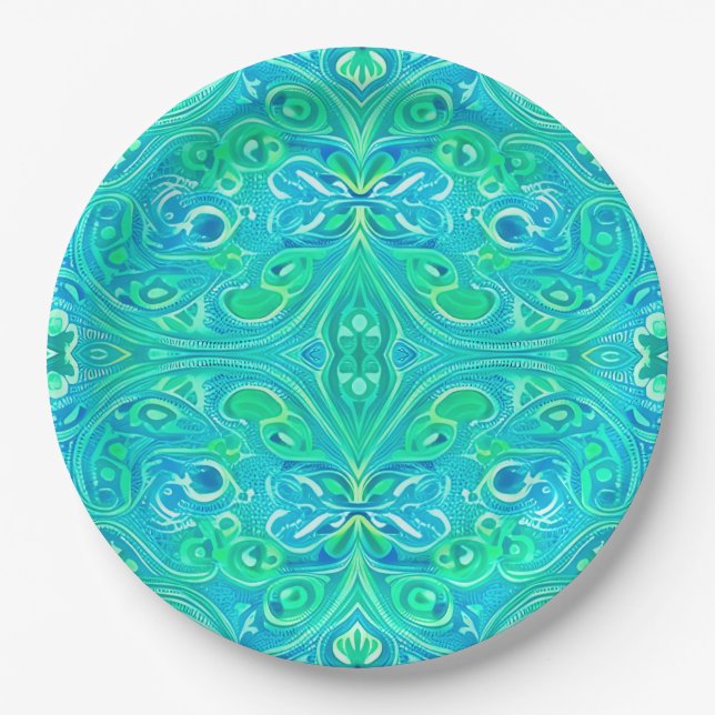 Aquamarine Arabesque Bohemian Pattern Paper Plate (Front)