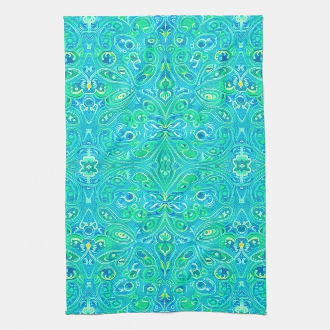 Aquamarine Arabesque Bohemian Pattern Tea Towel (Vertical)