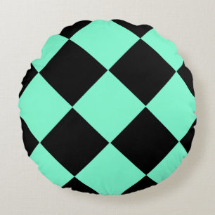 Aquamarine Black Chequered Diamond Pattern Round Cushion