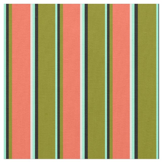 Aquamarine, Black, Green, Red & White Pattern Fabric (Close Up)