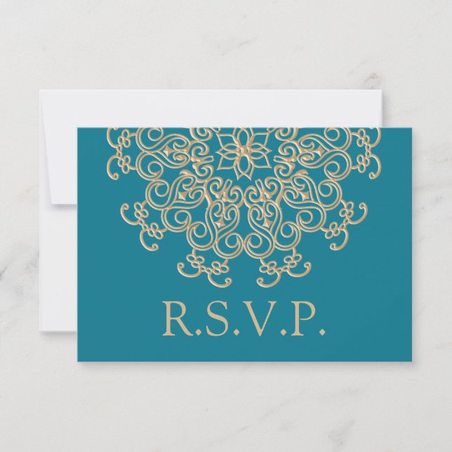 AQUAMARINE BLUE AND GOLD INDIAN RESPONSE RSVP CARD (Front)
