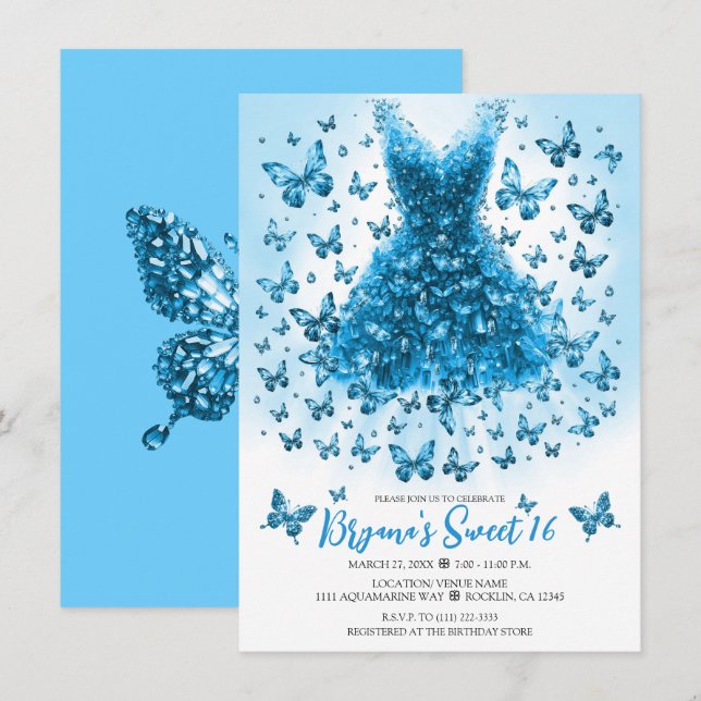 Aquamarine Blue Butterfly Dress March Birthstone Invitation (Front/Back)