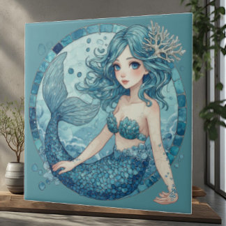 Aquamarine Blue Eye Mermaid Tropical Ocean Corals Tile