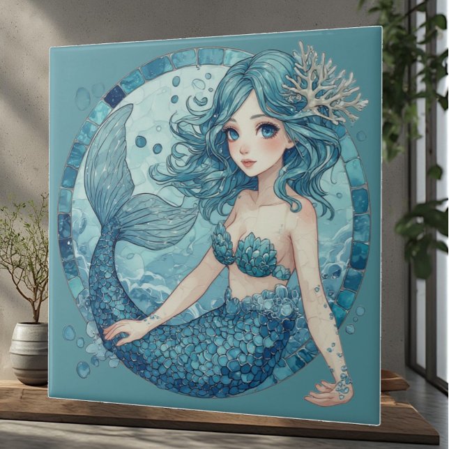 Aquamarine Blue Eye Mermaid Tropical Ocean Corals Tile (Aquamarine Blue Eye Mermaid Tropical Ocean Corals Ceramic Tile)