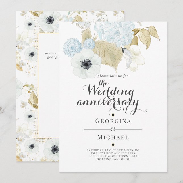 Aquamarine Blue Gold Floral WEDDING ANNIVERSARY Invitation (Front/Back)