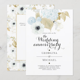 Aquamarine Blue Gold Floral WEDDING ANNIVERSARY Invitation
