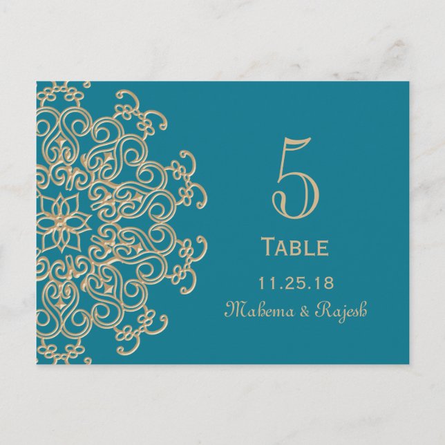 AQUAMARINE BLUE GOLD INDIAN WEDDING TABLE NUMBER POSTCARD (Front)