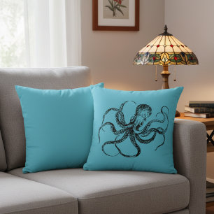 Aquamarine Blue Octopus Throw Pillow