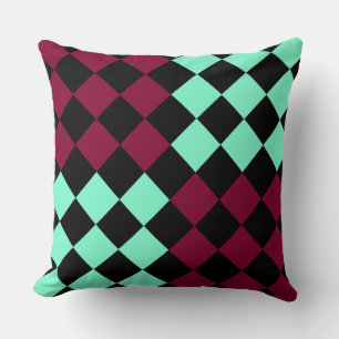 Aquamarine Burgundy Chequered Diamond Pattern Cushion