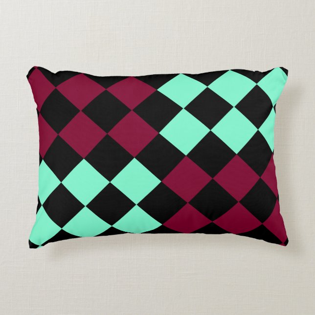 Aquamarine Burgundy Chequered Diamond Pattern Decorative Cushion (Front)